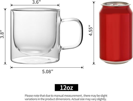 NIRA.Z Double Wall Glass Coffee Mugs Set of 4, 12 oz Insulated Borosilicate Glass Cups with Handle, Clear Thermal Espresso Latte Cappuccino Tea Cups for Hot & Cold Drinks