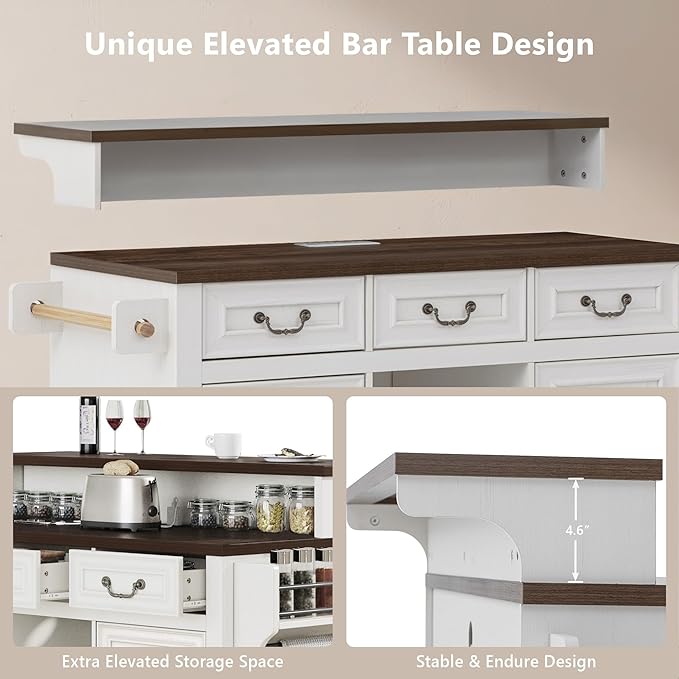 Rolling Kitchen Island with Two-Tier Bar Counter and Power Outlets, 3 Drawers & 4 Door Shelves, Mobile Kitchen Cart with Storage Cabinets & Locking Wheels for Dining Room & Kitchen, 53-Inch, White