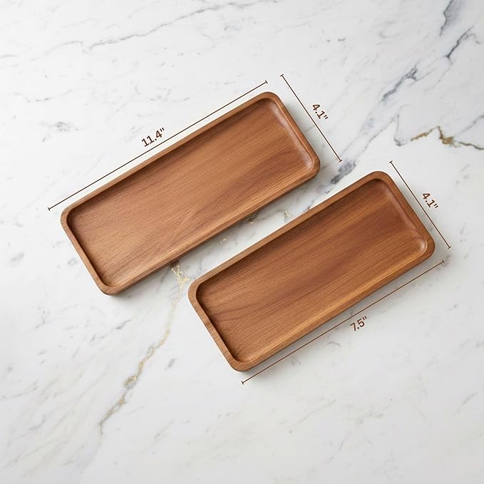 NAZANIN Set of 2 Natural Acacia Wood Serving Trays - Rectangular Wooden Trays for Coffee Table and Ottoman- Solid Wood Platters for Appetizers, Snacks, and Decor (11.4" & 7.5")