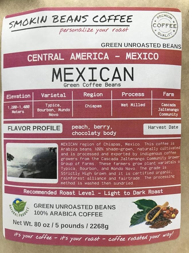 5 pounds| Mexican| Farm: Finca Nextlalpa| Grade-Altura| Spice,Chocolate,BrownSugar,Nuts/Apple| Specialty-Grade Green Unroasted Whole Coffee Beans| for Home Coffee Roasters|by Smokin’ Beans Coffee Co