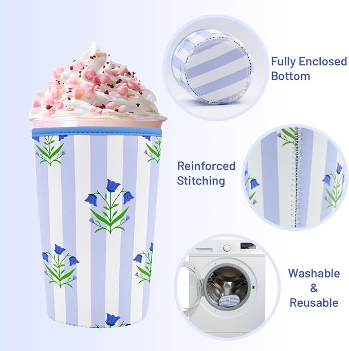 Iced Coffee Sleeve Reusable Cup Sleeves for Cold Drinks Neoprene Koozie Cozy Plastic Cup Covers for Drinks, Stripes Flowers