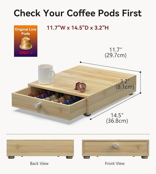 for Nespresso Original Capsules - Bamboo Coffee Pod Drawer Holder - 48 OriginalLine Pods Organizer (14.5"D x 11.7"W x 3.2”H)