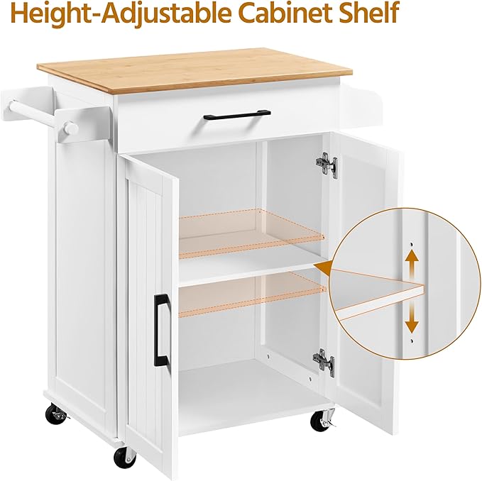 Yaheetech Kitchen Cart with Bamboo Tabletop, 32" Width Rolling Kitchen Island with Drawer and Adjustable Shelf, Storage Cabinet with Spice Rack Towel Bar for Dining Room Kitchen Living Room, White