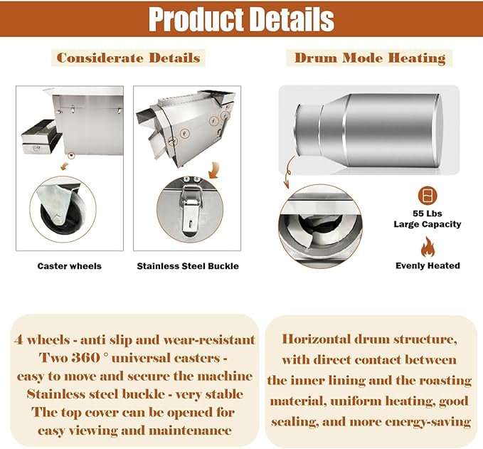 BEILOCKERY 55 Lbs Commercial Automatic Heating Roasting Machine (0-300℃), Multifunctional Large Stainless Steel Drum Chestnuts Roaster Baker Equipment for Nuts Coffee Bean 220V 6.5kW Three-phase