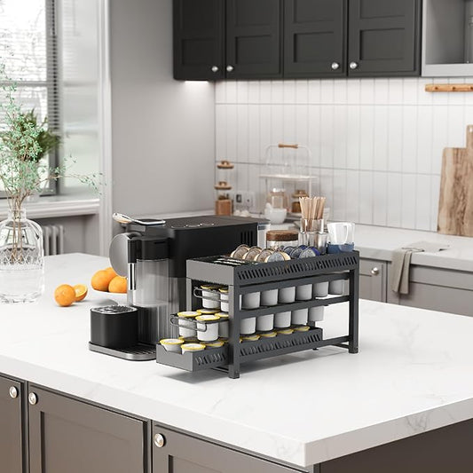 Coffee Pod Holder for K Cups with 3 Tier Slidng Storage Drawer and 4 Coffee Accessories Baskets on The Top, K Cups Save Space Organizer for Home Office Cafe Counter and Kitchen, Black
