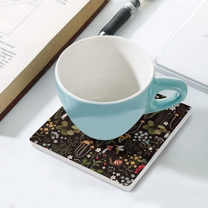 Botanical Drink Coasters, Square Ceramic Drink Coaster Square-4PCS, Cartoon Mushroom Floral Plants Pattern Botanical Decor Absorbent Ceramic Coasters for Beverage Cup, Bar, Coffee Table