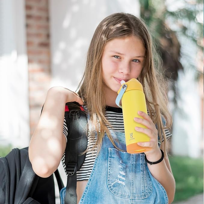 18oz Kids Insulated Water Bottle with Straw Lid & Silicone Handle,Kids Leak Proof Water Bottle for School Boys Girls,Double Wall Vacuum Stainless Steel with Non-slip Silicone Base(Yellow)