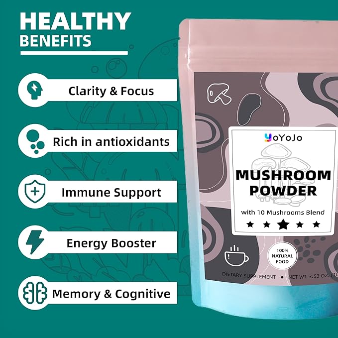 Mushroom Powder, 10-in-1 Mushroom Blend for Coffee, Smoothies & Drinks - Natural Focus, Energy Booster & Immune Support Supplement - 3.53 oz / 100g