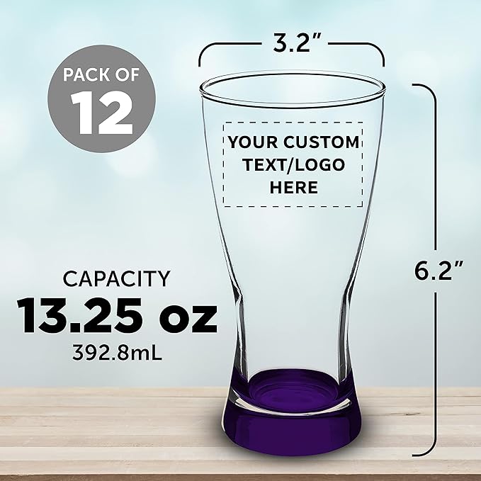 Custom Pilsner Glasses 13.25 oz. Set of 12, Personalized Bulk Pack - Made in the USA, Perfect for Hotels, Restaurants, Bars and Even Party Favors - Purple