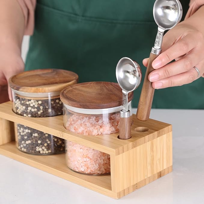 KKC HOME ACCENTS Airtight Borosilicate Glass Food Storage Jars with Wood Lids and Scoop for Coffee,Tea,Sugar,Salt,Wooden Top Glass Sealed Jars,18 Fluid Ounces