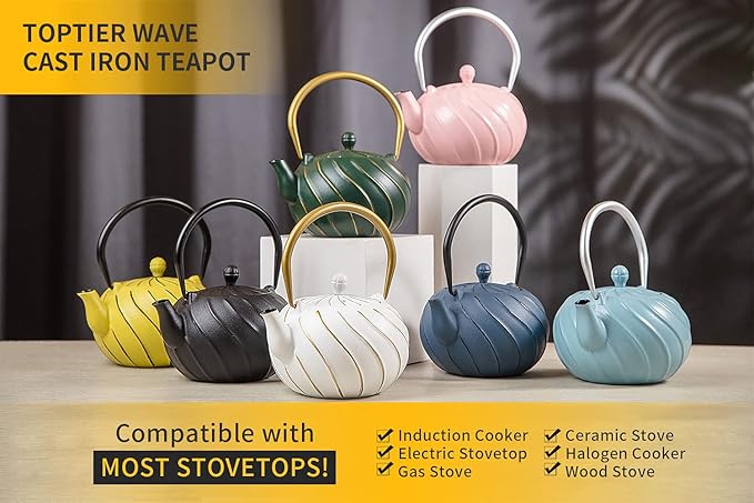 TOPTIER Japanese Cast Iron Tea Kettle with Infuser for Loose Leaf and Tea Bags, Stovetop Safe Teakettle with Enameled Interior, 40 oz (1200 ml), Navy Blue
