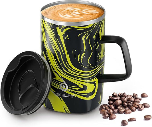 Ideus Vacuum Insulated Coffee Mug, 16oz Reusable Stainless Steel Thermal Double Walled cup with Handle and Slider Lid for Hot & Cold Beverages, BPA Free (Yellow Zebra)
