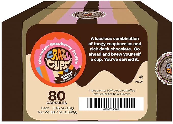 Crazy Cups Flavored Coffee, Chocolate Raspberry Truffle Coffee, Single Serve Coffee for Keurig K Cups Machines, Hot or Iced Coffee, Medium Roast Coffee in Recyclable Pods, 80 Count Value Pack