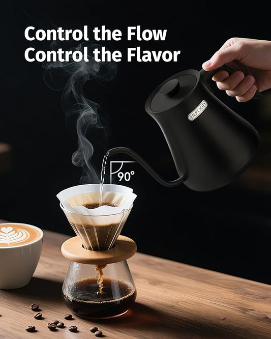 INFOOD 0.8L Gooseneck Electric Kettle, Precise Temperature Control for Pour Over Coffee & Tea, 1200W Fast Boiling Water, Auto Shut Off, Scheduling, Stainless Steel, Black