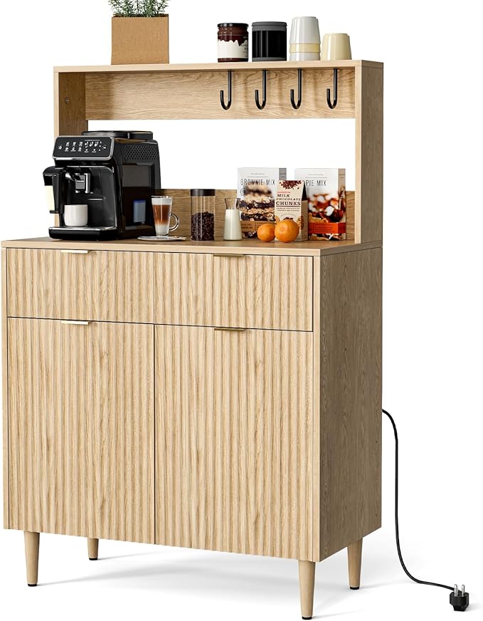 Coffee Bar Cabinet with Storage, Modern Sideboard with Drawers, Shelves, Outlet and Fluted-Door for Kitchen, Dinning Room, Living Room, Natural