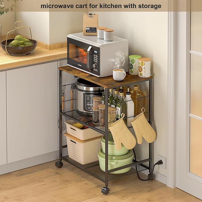 Rolling Kitchen Microwave Cart with Power Outlet, 3 Tier Microwave Table Stand with Storage, Kitchen Utility Cart on Wheels, Small Coffee Cart Shelf Rack Organizer for Living Room Office