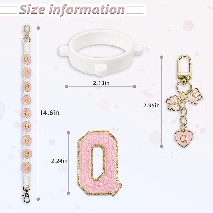 Compatible with Owala Water Bottle Accessories, Cute Letter Charm Set with Boho Handle Strap, Monogram Sticker, Silicone Ring, Keychain Decoration, for FreeSip 24 32 40oz, Owala Kids, Tumbler Gift
