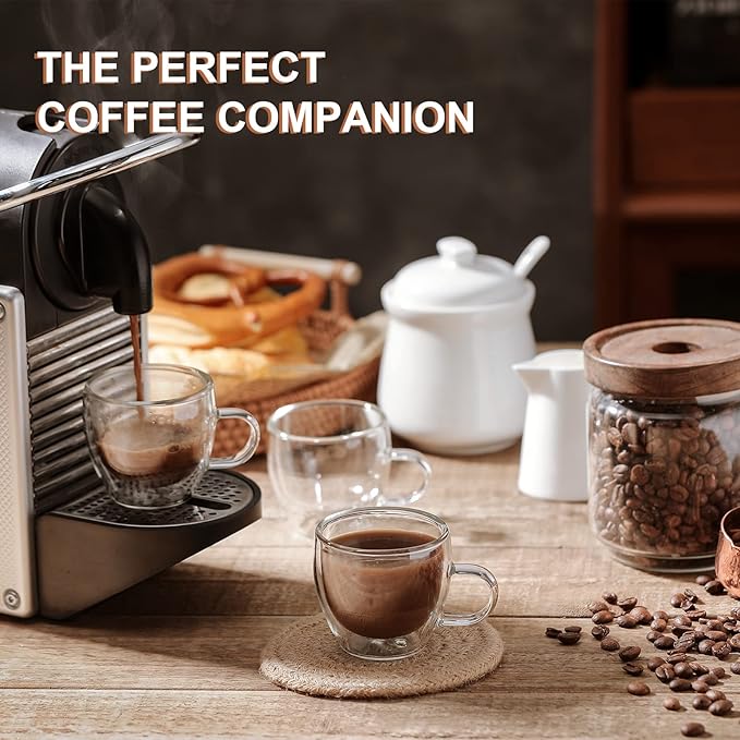 KitchenTour Insulated Coffee Mug 2.5 oz- Double Wall Glass Coffee Cup with Handle Set of 4 - Clear Glass Drinkware for Espresso，Cappuccino, Latte，Hot Beverages