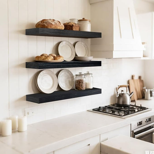 Floating Wall Shelf 16x6.8x1.7 Inch – Solid Wood Shelf in Black Finish – Wall Mounted Rustic Display Organizer for Bathroom, Kitchen, Bedroom, Small Spaces – Set of 3