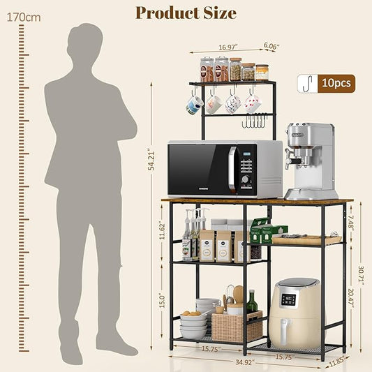 Baker's Rack for Kitchen with Storage, Microwave Stand with Adjustable Shelves and 10 S Hooks, 6-Tier Coffee Bar Station, Kitchen Shelves for Spices, Pots, Rustic Brown