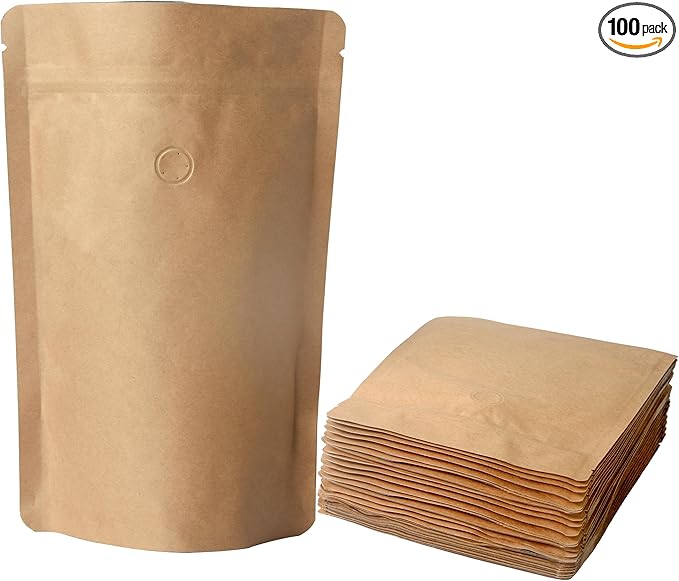 100 Pack Kraft Coffee Bags with Zipper Lock, High Barrier Resealable Stand Up Coffee Pouches, Degassing Valve for Coffee, Size for 32oz/1kg Beans or Grounded