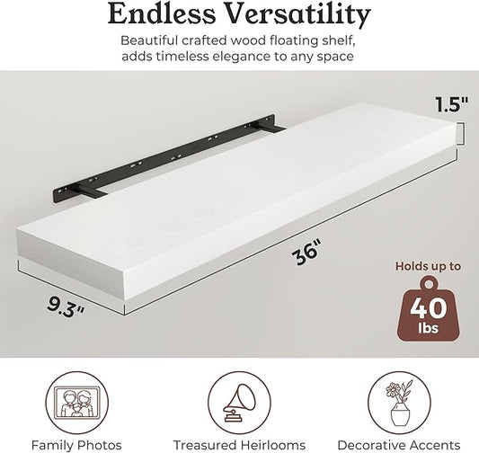 Floating Shelves for Wall, 9.3" Deep Wall Mounted Wood Shelves for Bathroom, Bedroom, Living Room, Kitchen, Hanging Shelf for Books/Storage/Room Decor (White, 36")