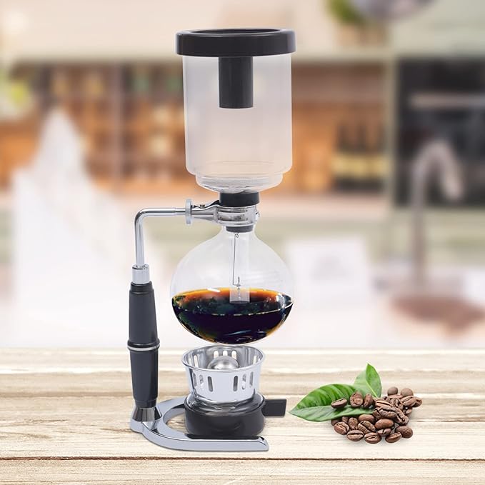 3-Cup Siphon Coffee Maker, Japanese Style Glass Vacuum Pot with Alcohol Burner, 360ml Tabletop Brewer for Premium Coffee & Tea, Transparent Brewing Experience-Black