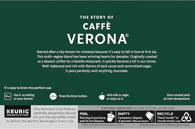Starbucks Caffe Verona Coffee K-Cup Pods, Dark Roast Arabica Coffee, 20 Count (Pack of 2 Boxes)