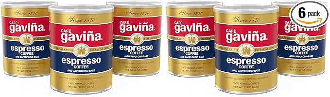 Café Gaviña Espresso Roast Extra Fine Ground Coffee,100% Arabica Dark Roast,10 oz Cans,(Pack of 6)
