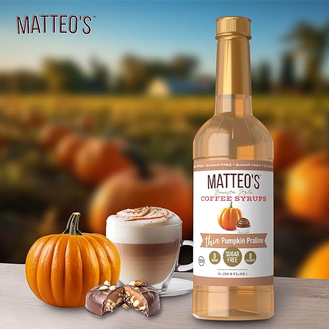 Matteo's Pumpkin Praline Syrup for Coffee, Lattes, Cappuccinos & Desserts – Sugar-Free Sweetener for Beverages, Keto Friendly, Zero Calories, Indulgent Flavor, Non-Alcoholic, 33.8oz (6pk)