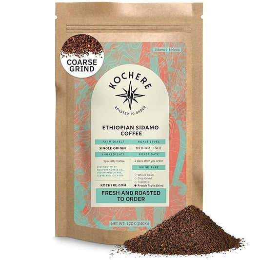 Ethiopian Sidama Ground Coffee - Single Origin Medium Light Roast, Freshly Roasted To Order Ground Coffee, Specialty Grade, Fair Trade and Non-GMO, Chocolate and Fruity Notes - 12 oz