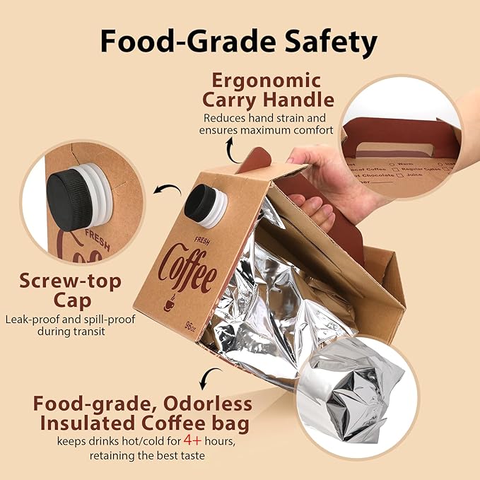 5 Pack Disposable Coffee Box Dispensers to Go Drink Containers Insulated Hot Beverage Dispenser Coffee Carrier with Handle Server for Parties Catering Take Out (96 oz)