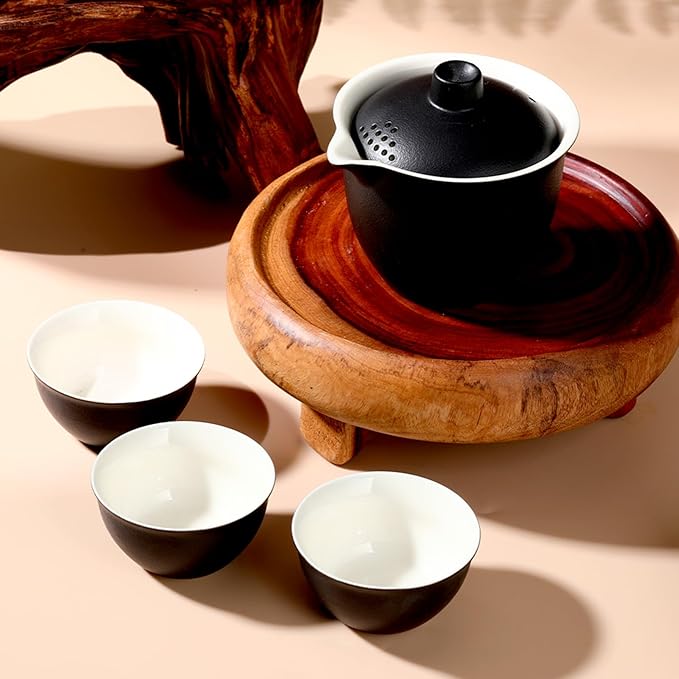 Porcelain Chinese Gongfu Tea Sets for Adults Portable Kungfu Teapot and Cup Set Small Ceramic Tea Party Set Travel Teaset with Lid for Home Gifting Outdoor and Office (Black)