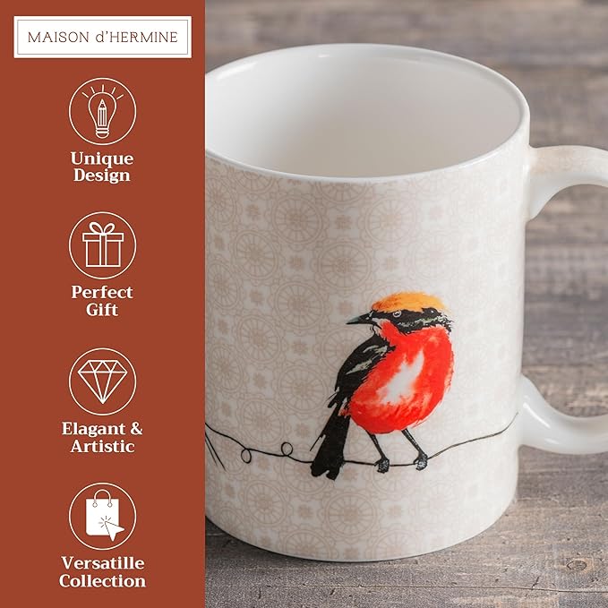 Maison d' Hermine Coffee Mug with Handles Fine Bone China Mugs Pack of One Tea Cups for Hot Beverages Cappuccino Latte Home Restaurant Office Perfect for Gift (Birdies On Wire - Nuthatch, 15 Ounce)