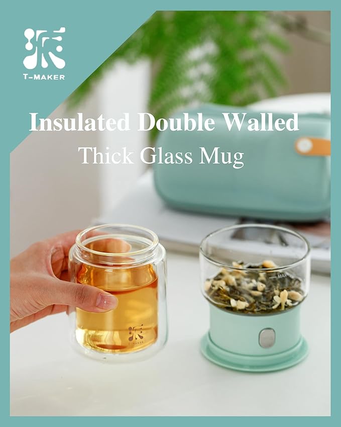 ZENS Modern Glass infuser Teapot, Small One Touch Tea Maker for Loose Tea Diffusers with 200ml Insulated Cup and Blue Portable Carry Case, Magic Gongfu Tea Pot for Tea Lovers Gifts