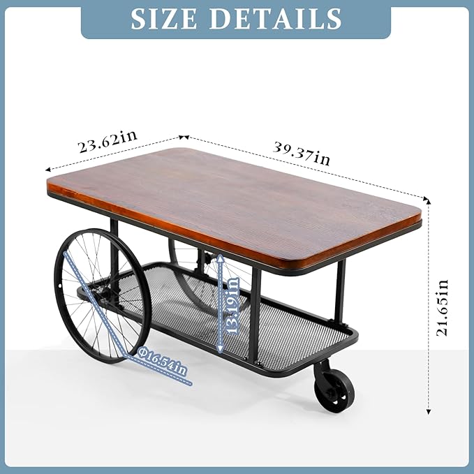 21.6inch Height Rolling Bar Cart with Metal Storage Shelf Industrial Rectangle Coffee Table Side Table on Wheels for Living Room Vintage Mobile Serving Cart for Outdoor Indoor