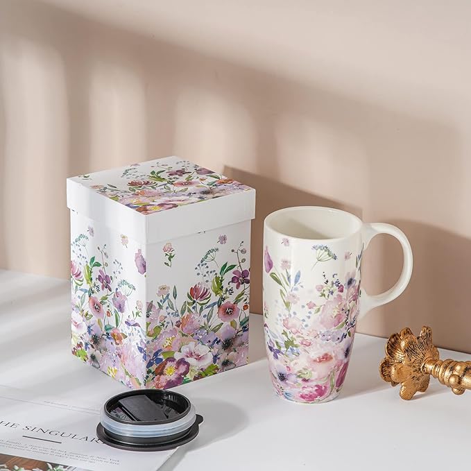 Topadorn Coffee Ceramic Mug-Porcelain Cup,Latte Tea Mug With Lid-17oz,Novelty Coffee Mugs for Men Women Office & Home