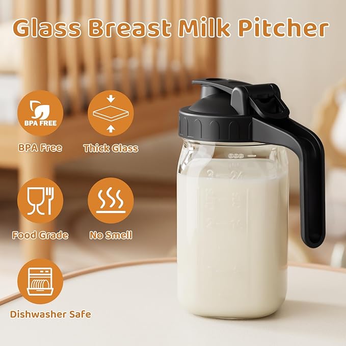 Breast Milk Pitcher, Mason Jar 32 oz, Wide Mouth Jar with Green Flip Cap Lid and Pour Spout, Heavy Duty Airtight Seal for Freshness and Convenience, Great for Cold Beverages and Home Entertaining