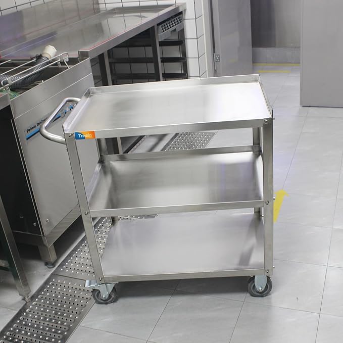 Treshin 3 Tier Stainless Steel Utility Cart Commercial Heavy Duty Rolling Cart Food Storage Service Trolley with Handle and Wheels for Kitchen Restaurant Hospita Lab and Hotel 16.5"W x 27.6"L x 31.9"H