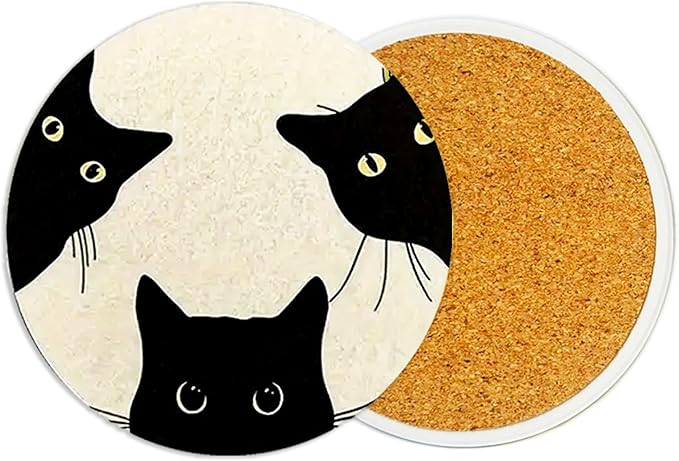 2Pack Cat Ceramic Coasters Absorbent Coasters for Drinks with Cork Base,Cat Coaster for Table Office Desk Decor Coffee Cup Wine Beer Bar Cup Mat 3.9 Inch,Cats Gifts for Women,Men,Dad