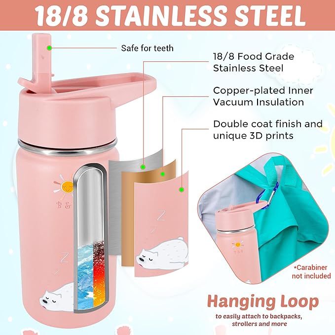 B&B Kids Stainless Steel Water Bottle with Straw Kids Insulated Water for School, Trip & Travel,Water Bottles for Boys Girls Reusable Double Wall Vacuum Leak Proof BPA Free