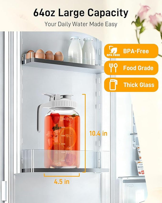 64 oz Glass Pitcher with Lid, Large Wide Mouth Mason Jar with Pour Spout, White Sun Tea Glass Jar for Outside, Breastmilk Pitcher Great for Drink, Cold Beverages and Breast Milk