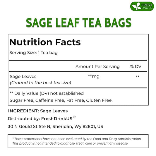 FreshDrinkUS, Premium 75 Sage Leaf Tea Bags, 100% Natural & Pure from Sage Leaves. Loose Leaf Herbal Tea. Made with Natural Material Tea Bags. No Sugar, No Caffeine, No Gluten, Vegan.