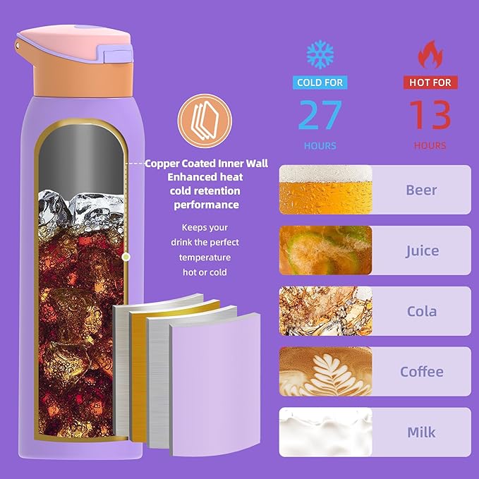 koodee 24oz Free-sip Insulated Stainless Steel Water Bottles with Soft Straw,Quick Flip GO Bounce cup Thermo-flask,Pop & Fill Double-Wall Vacuum Bottle,for Sports & Travel,BPA-Free (Peach Lavender)