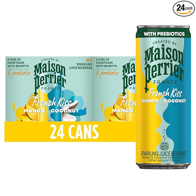 Maison Perrier French Kiss Sweetened Sparkling Juice Beverage, Mango & Coconut Flavors With Real Fruit Juices, 24Pk