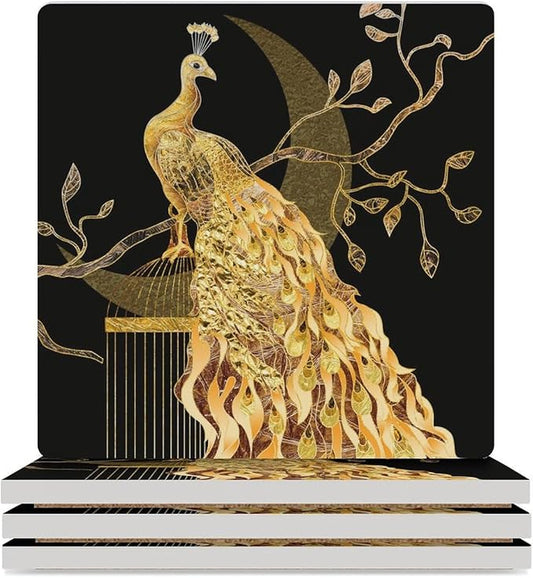 Square-4PCS Peacock Drink Coasters, Square Modern Ceramic Absorbent Coasters, Vintage Tree Branch Beautiful Gold Peacock Decor Desk Coffee Table Coaster for Beverage Cup Tea Coasters