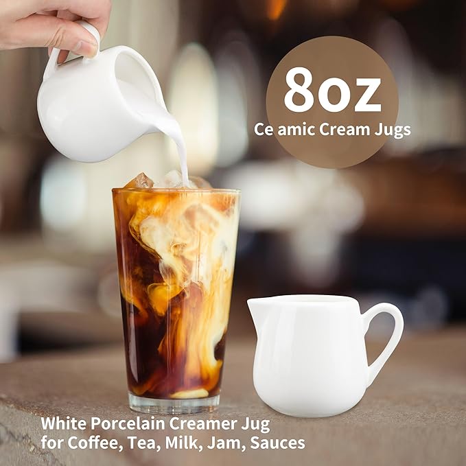 6 Pack 8 oz Ceramic Creamer with Handle, White Porcelain Cream Pitcher with Handle, Small Sauce Jus Small Pitchers for Milk, Coffee, Tea, Jam, Sauces
