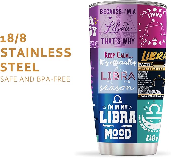 Libra Zodiac Tumbler - Birthday Gift for Women, Astrology Gothic Witchy Constellation Insulated Coffee Mug With Lid and Straw, Purple, 20 OZ