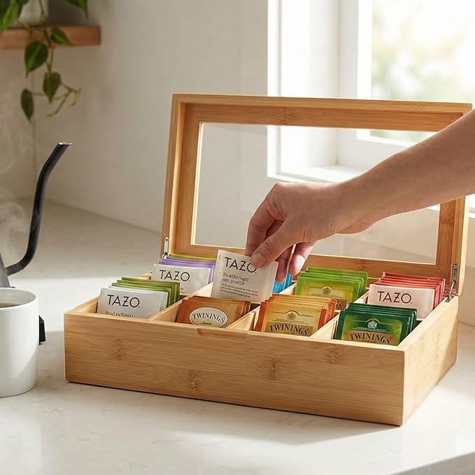Acacia Wood and Bamboo Tea Bag Organizer - 4 & 8 Compartment Tea Box for Countertop - Tea Station & Coffee Bar Accessories - Fits Large & Craft Tea Bags (Wood, 8 Compartment)