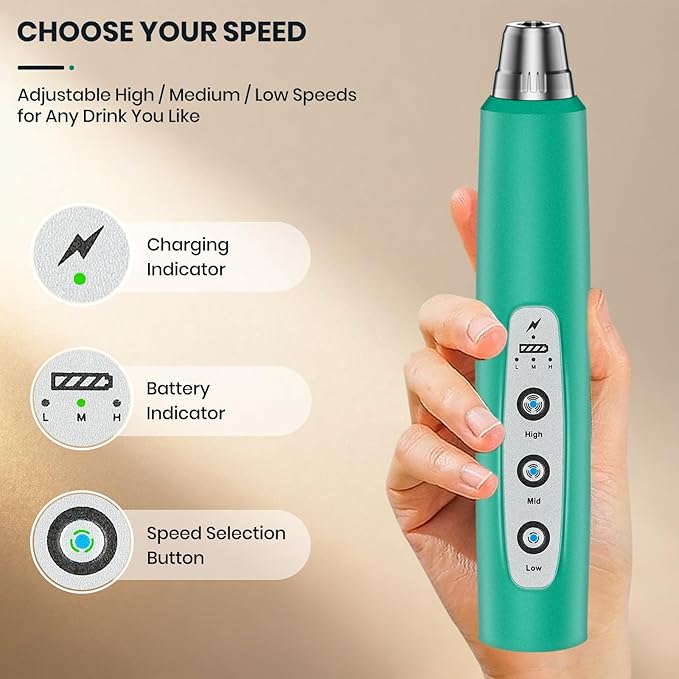Milk Frother Handheld Rechargeable, Frother Wand Drink Mixer Electric Whisk for Coffee, Detachable With 3 Stainless Whisks, Hand Mixer for Lattes, Cappuccino, Matcha, Egg, No Stand, Green